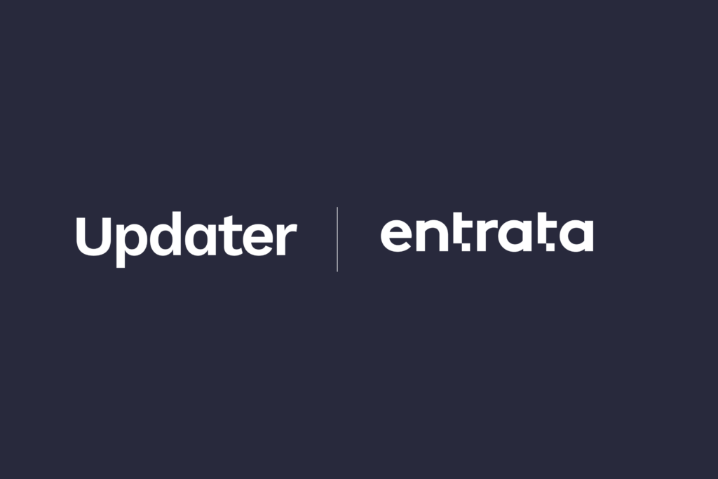 Dark blue background with white Updater and Entrata logos